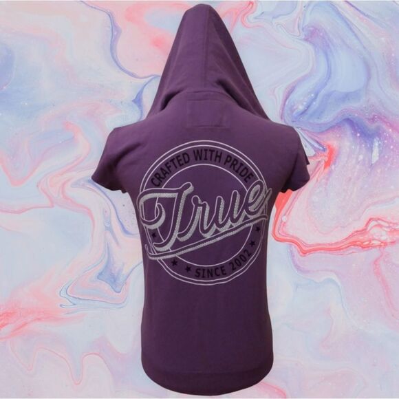 True Religion Women's Zip-Up Hoodie Sweatshirt XS NWT Short Sleeves  Purple - Picture 9 of 15